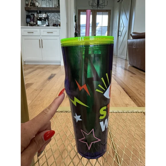 Starbucks 2023 Stay Weird EVIL EYE Neon Lime Green Venti 24Oz Cold Cup Used T4 - Picture 7 of 7